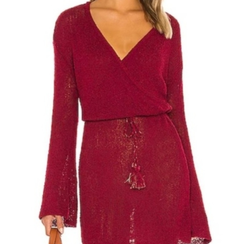 L*Space NWT Burgandy Red Topanga Long Bell Sleeve Faux Wrap Dress Tie Waist Sz M